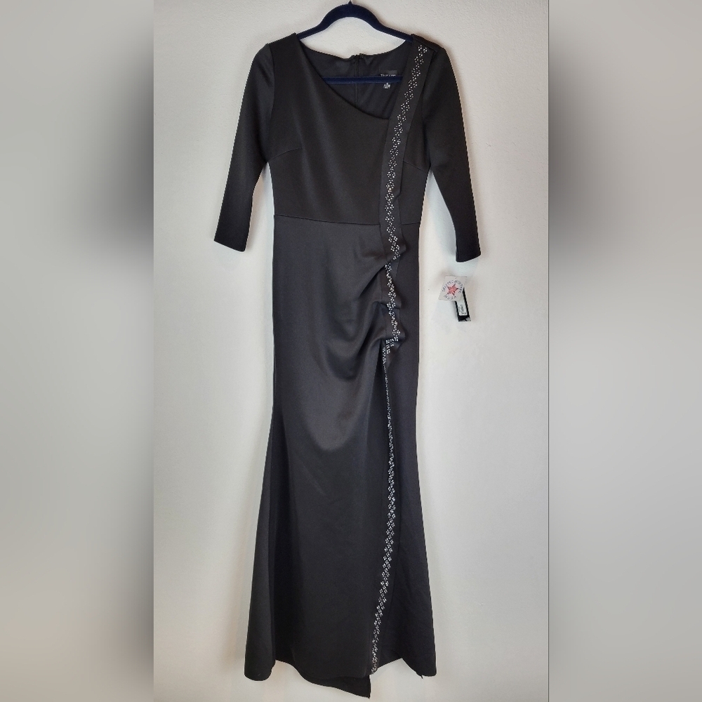NWT Xscape Women's Ruched Off-The-Shoulder Gown in Gunmetal Black - Picture 2 of 14